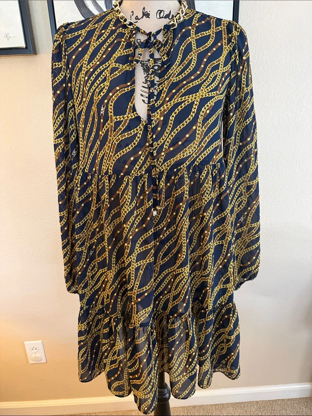 Women's Navy and Gold Printed Long Sleeve Tiered Dress